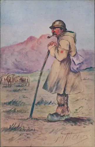 Künstlerkarte - Militär England enschlischer Soldat auf Weide 1918