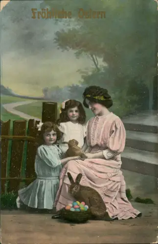 Ansichtskarte  Ostern Easter Osterhase Frau Kinder 1914  gel. Stempel Cannstadt