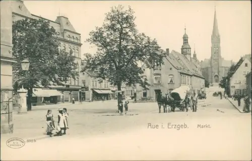 Ansichtskarte Aue (Erzgebirge) Marktplatz Kinder Kutsche 1908