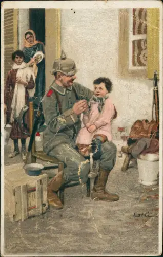 Ansichtskarte  Künstlerkarte Soldat Kinder - Barbaren Militaria Wk1 1917