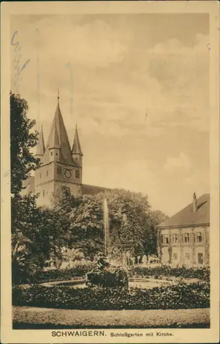 Ansichtskarte Schwaigern Schloßgarten mit Kirche. 1914
