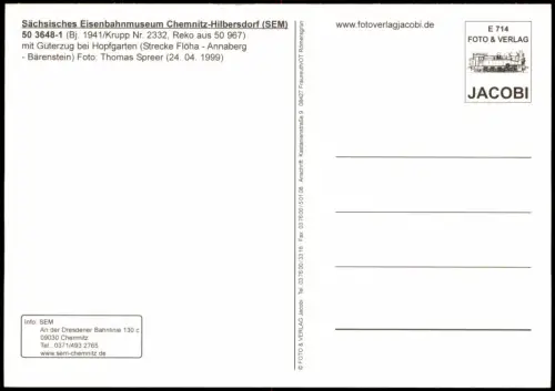 Hilbersdorf-Chemnitz Dampflok 50 3648-1 mit Güterzug bei Hopfgarten 1999