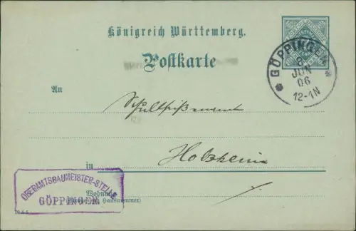 Ganzsachen Postkarte Königreich Württemberg 2 Pfennig 1906 Stempel GÖPPINGEN
