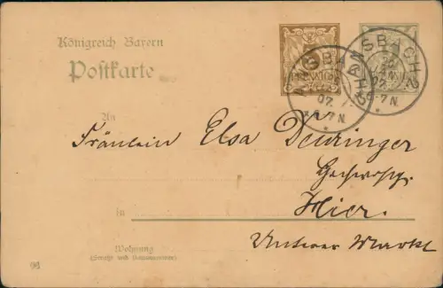 Bayern Postkarten Ganzsache Doppelwerte 5 & 2 Pfennig 1907    Stempel ANSBACH