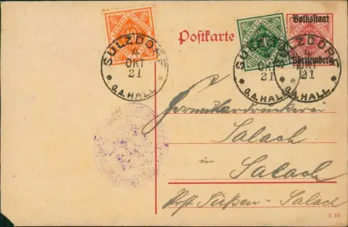 Volksstaat Württemberg,  Ganzsache mit Zusatzfrankatur 1921 Stempel SULZDORF