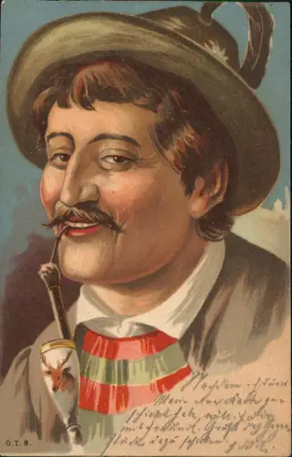 Ansichtskarte .Bayern Bayerische - Trachten Mann mit Pfeife - Hirschkopf 1901
