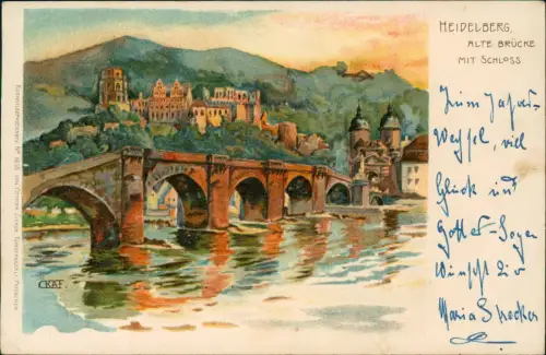 Heidelberg Panorama-Ansicht ALTE BRÜCKE MIT SCHLOSS (Künstler-Postkarte) 1920
