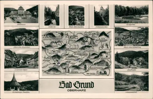 Ansichtskarte Bad Grund (Harz) Stadtteilansichtenmit Landkarte Oberharz 1939