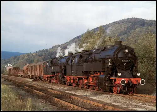 Ansichtskarte  DR, Dampflokomotive 95 1027-2 und 95 1016-4 vor Güterzug 1996
