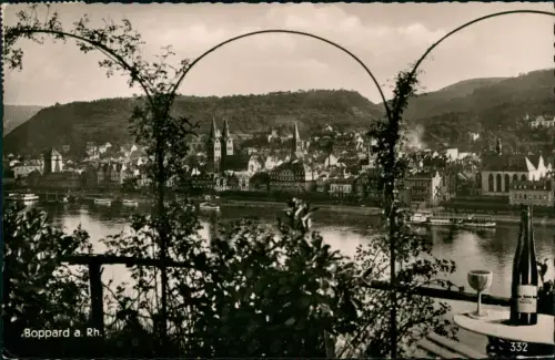 Ansichtskarte Boppard Stadt Schiff Weinflasche und Glas 1957
