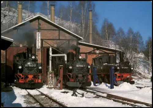 Ansichtskarte Jöhstadt (Erzgebirge) Lokschuppen Lokomotive im Winter 1994
