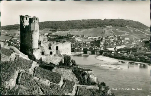 Ansichtskarte Rüdesheim (Rhein) Ruine Ehrenfels mit Blick auf Bingen 1955
