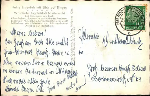 Ansichtskarte Rüdesheim (Rhein) Ruine Ehrenfels mit Blick auf Bingen 1955