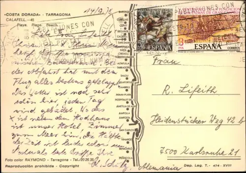 Postale Tarragona Luftbild COSTA DORADA TARRAGONA CALAFELL 1978