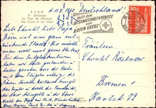 Bern (Schweiz) Berne The Tower of the Clock, Autos u.a. VW Käfer 1960