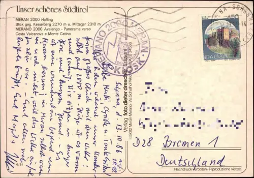 Meran Merano Umlandansicht mit Sessellift Hafling Monte Catino 1986