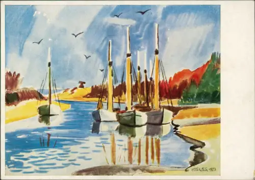 Ansichtskarte  Künstlerkarte Künstler Max Pechstein Boote im Kanal 1970