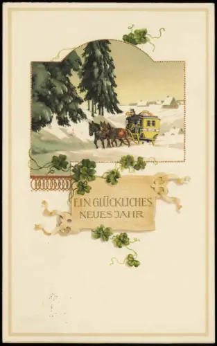 Neujahr Sylvester New Year Postkursche Kleeblatt 1914 Prägekarte
