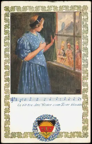 Liedkarte Deutscher Schulverein Frau am Fenster Es ritten drei Reiter 1922