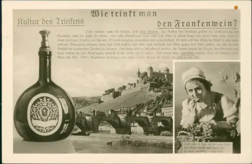 Ansichtskarte Würzburg Burg Frankenwein Frau  Weintrauben 1952  Bahnpoststempel