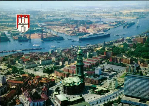 St. Pauli-Hamburg Luftaufnahme mit Michaeliskirche und Hafen 1980