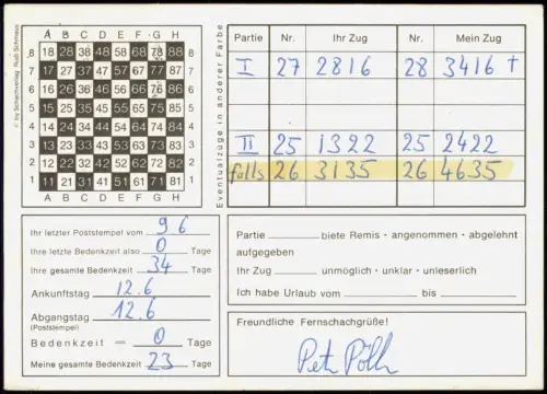 Ansichtskarte  Schach Chess - Spiel Fernschach Postkarte 1987