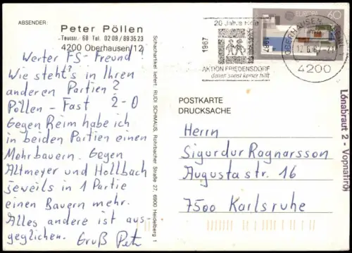 Ansichtskarte  Schach Chess - Spiel Fernschach Postkarte 1987