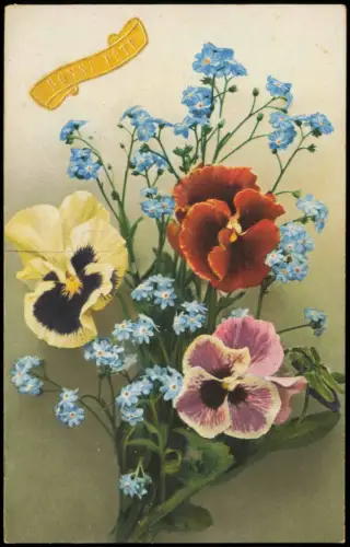 Ansichtskarte  Botanik :: Blumen Strauss Kornblumen und Stiefmütterchen 1930