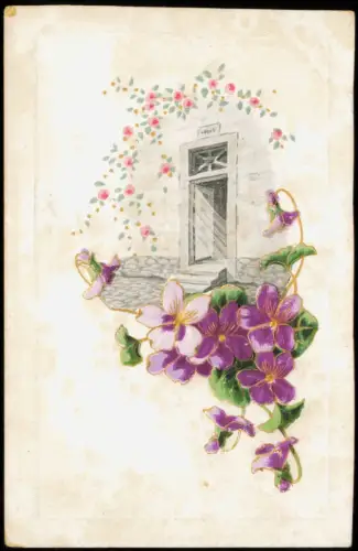 Botanik :: Blumen Künstlerkarte Stiefmütterchen und Tür 1911 Goldprägung