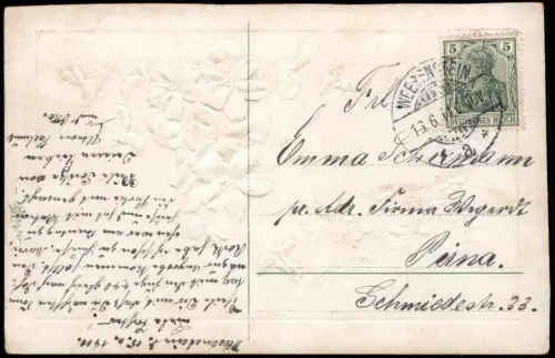 Botanik :: Blumen Künstlerkarte Stiefmütterchen und Tür 1911 Goldprägung