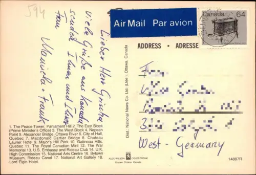 Postcard Ottawa Luftbild areal view 1986  gel. Air Mail