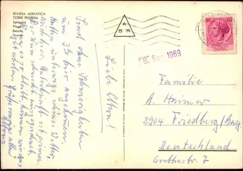 Italia Italien Riviera Adriatica Torre Pedrera Spiaggia Strand Urlauber 1969