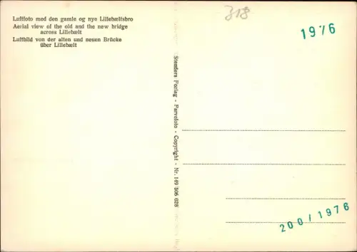 Postcard .Dänemark - Luftbild Lillebælt Danmark 1976