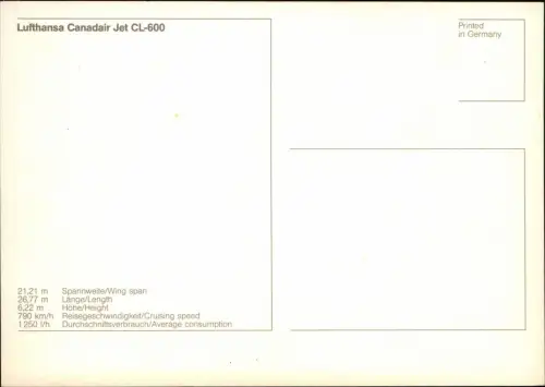 Ansichtskarte  Airplane Flugzeug Airline Lufthansa Canadair Jet CL-600 1990