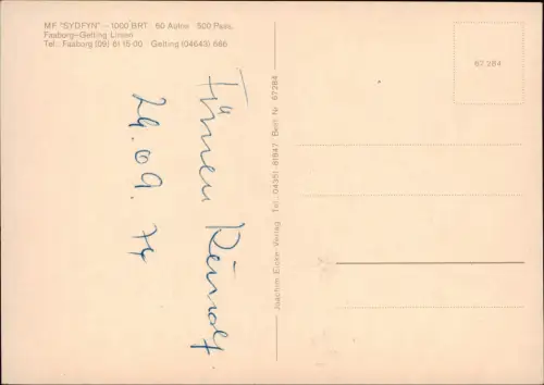 Schiff Schifffahrt Fähre MF "SYDFYN" Faaborg-Gelting Linie 1974