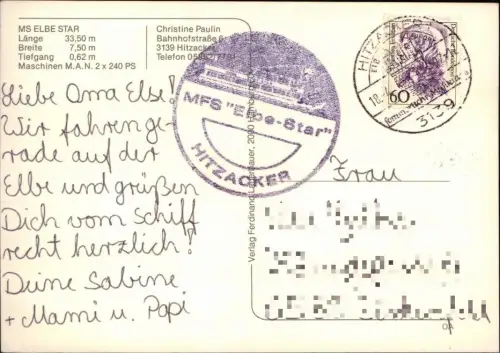 Ansichtskarte Schiff  Fahrgastschiff ELBE STAR MB 1985 Bordpoststempel Schiffes