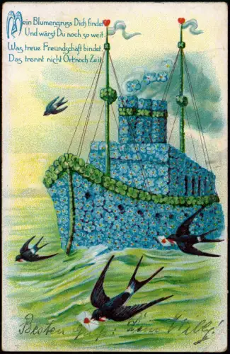 Dampfer aus Kleeblättern und Veilchen Schwalben 1909 Prägekarte
