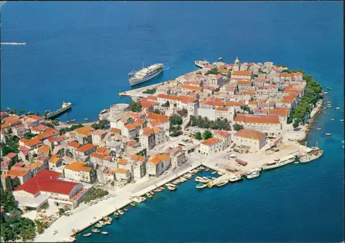 Korčula Curzola Korkyra Altstadt vom Flugzeug aus, Luftaufnahme 1979