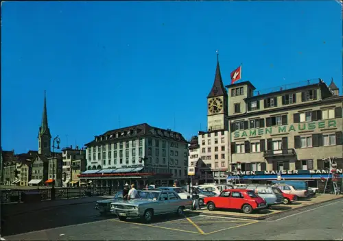 Ansichtskarte Zürich Rathausbrücke, Weinplatz, St. Peter, Fraumünster 1972