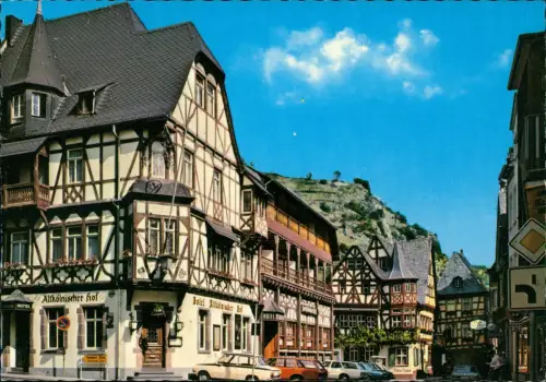 Ansichtskarte Bacharach Ortsansicht mit Hotel, Fachwerk Häuser 1980