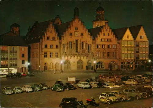 Ansichtskarte Frankfurt am Main Römer bei Nacht VW Käfer Mercedes Autos 1973