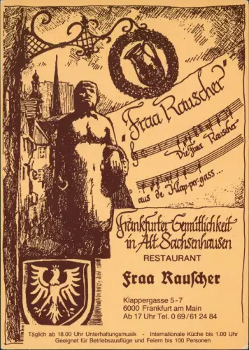 Sachsenhausen-Frankfurt am Main Fraa Rauscher Restaurant - Künstlerkarte 1984