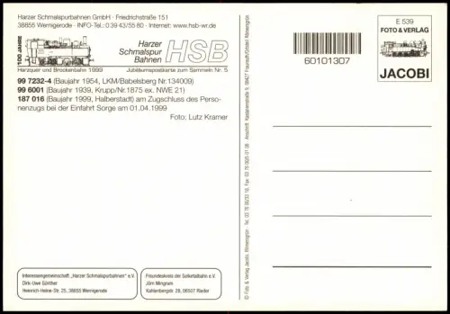 Ansichtskarte  Dampfzug der Harzer Schmalspurbahnen bei Sorge 1999