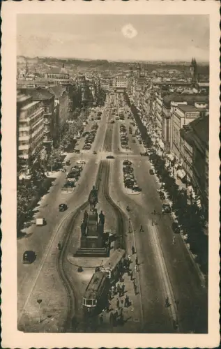 Postcard Prag Praha Wenzelsplatz Václavské náměstí Straßenbahn 1941