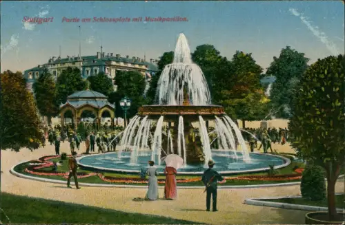 Ansichtskarte Stuttgart Partie am Schlossplatz mit Musikpavillon 1910