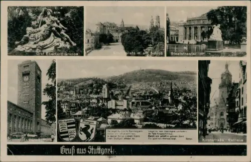Stuttgart Mehrbildkarte  Graf Eberhard Gruppe, Kirchstraße, Bahnhofturm 1949