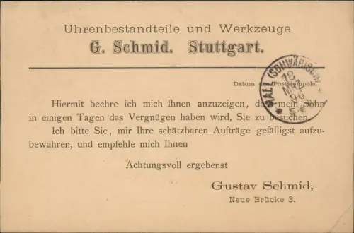 Stuttgart Postkarte Uhrenbestandteile und Werkzeuge G. Schmid. Stuttgart 1896