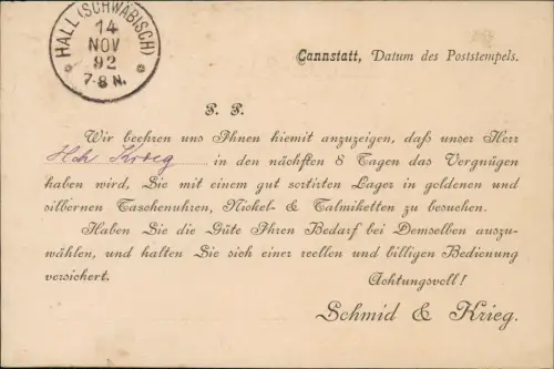 Stuttgart Besuchsanzeige Golduhren Schmid & Krieg Cannstatt Stuttgart 1892