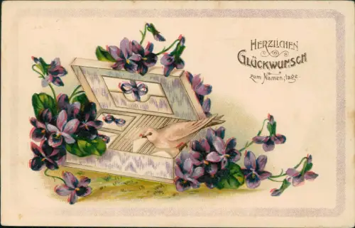 Ansichtskarte  Geburtstag Birthday Feilchen Taube Brief 1914