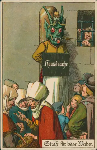 Ansichtskarte  Künstlerkarte Strafe für böse Weiber. Mittelalter 1924